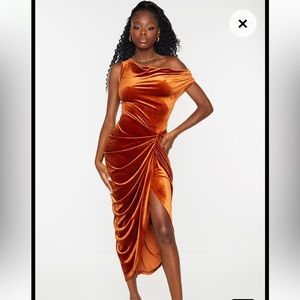 PrettyLittleThing Rust Velvet Off Shoulder Draped Skirt Midi Dress Size 2